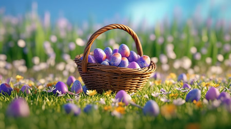 Wicker basket with easter eggs and crocus flowers on green grassの素材
