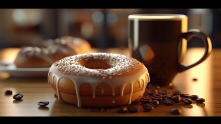 Coffee cup and donut on wooden table with coffee beansの素材