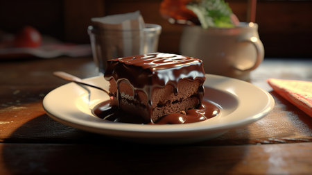 Chocolate cake on wooden table in coffee shop, close-upの素材