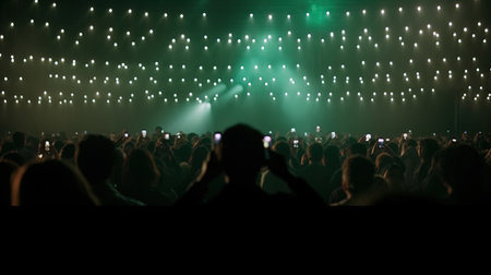 silhouette of concert crowd in front of bright stage lights at nightの素材