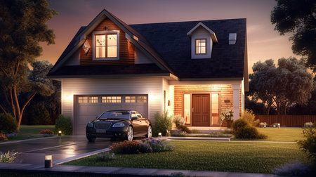 3D rendering of a private house with garage and car parked at nightの素材