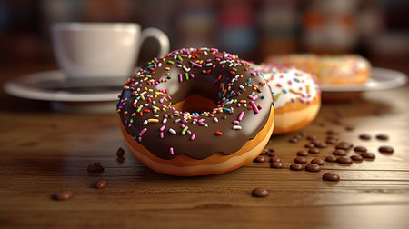 Donuts and coffee on the table in cafe. 3d renderingの素材