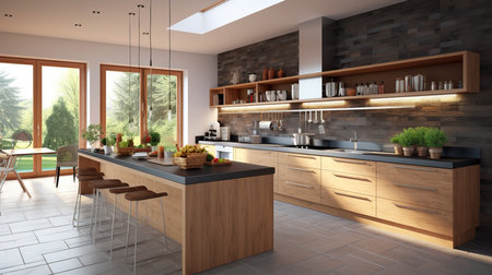 3d Illustration of modern kitchen in a loft with a beautiful designの素材