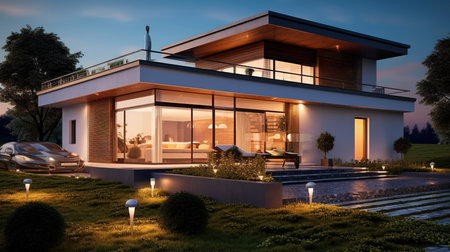 3d rendering of modern cozy house with pool and parking for sale or rent in luxurious style. Clear summer night with many stars on the sky. Cozy warm light from window.の素材