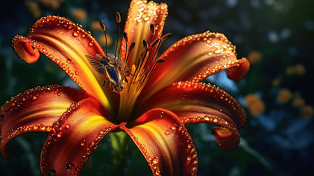 Beautiful orange lily with drops of dew on a dark backgroundの素材