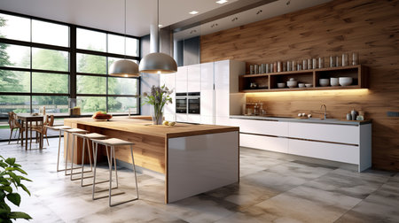 Interior of modern kitchen with wooden walls, tiled floor and white countertops. 3d renderの素材