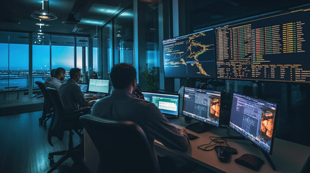 Security guard monitoring modern CCTV cameras in surveillance room. Cyber security conceptの素材