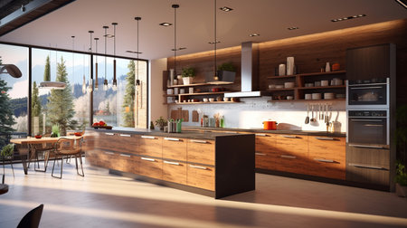 Interior of modern kitchen with white walls, wooden floor and black cupboards. 3d renderingの素材