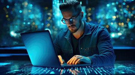 Young man in glasses working on a laptop at night in the cityの素材