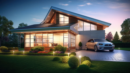 3D rendering of a modern house with a garage and a carの素材
