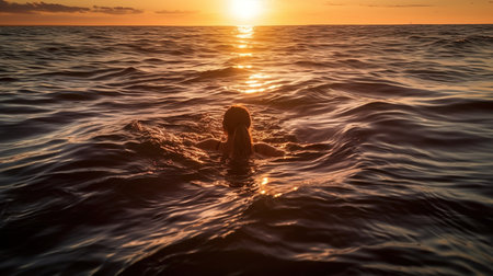 Silhouette of a woman swimming in the sea at sunset.の素材