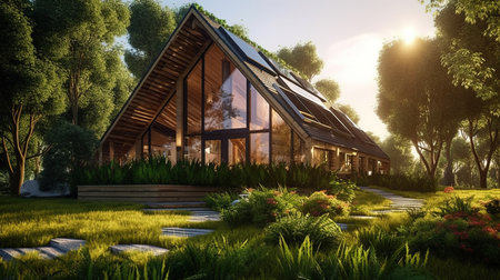 3d rendering of modern chalet in the garden at sunsetの素材