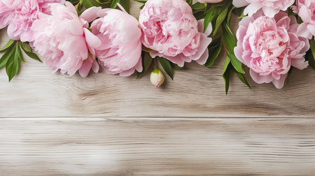 Pink peony flowers on wooden background. Top view with copy spaceの素材