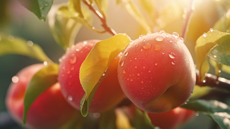Ripe red peaches on a branch with green leaves in the sunlightの素材
