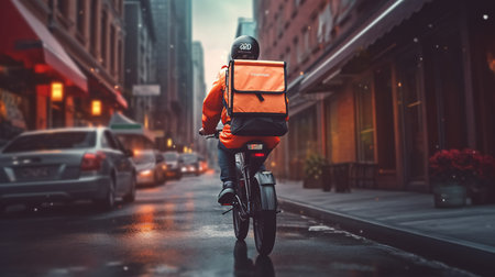 Cyclist with a backpack on his back riding through the streets of New York City.の素材
