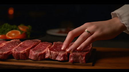 Close-up of chef's hand holding piece of raw beef on cutting boardの素材