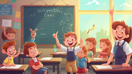 Cartoon happy school children in classroom. Back to school concept. Vector illustrationの素材