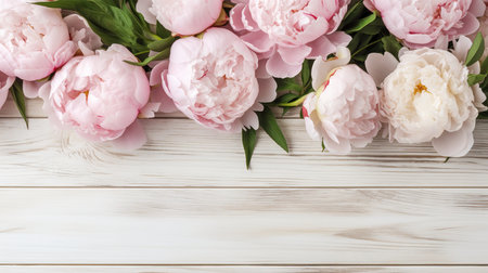 Beautiful peony flowers on white wooden background, top view. Space for textの素材