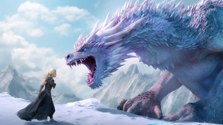 Fantasy scene with a dragon and a woman. 3d renderingの素材