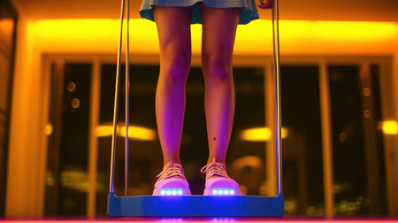 Legs of a young woman in sneakers on a stand in a nightclubの素材