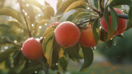 Ripe red peaches on a tree branch in the garden.の素材