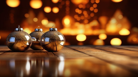Christmas baubles on a wooden table with bokeh backgroundの素材