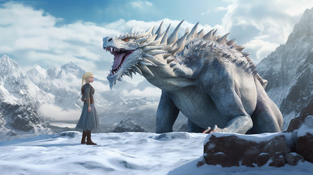 3D rendering of a female model and a dragon in the snowの素材