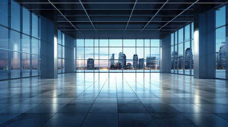Empty office interior with panoramic city view. 3D Renderingの素材