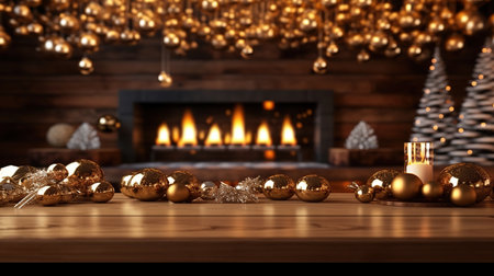 Wooden table with Christmas decorations and fireplace on background, 3d renderの素材