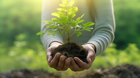 Human hands holding young plant in soil on blurred nature background. Ecology conceptの素材