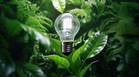 Energy saving light bulb glowing in green nature background. Alternative energy concept.の素材