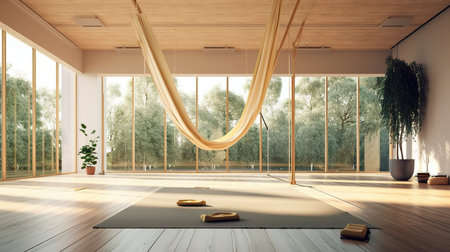 Interior of yoga room with hammock and wooden floor. 3d renderingの素材