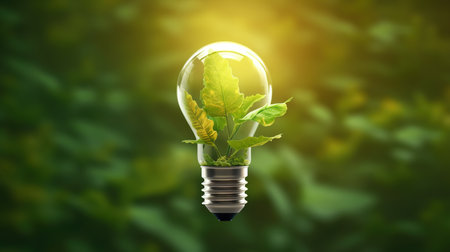 Glowing light bulb with green plant inside. Ecology concept. 3D Renderingの素材