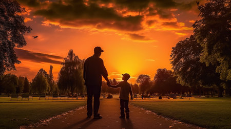 father and son walking in the park at sunset time. family conceptの素材