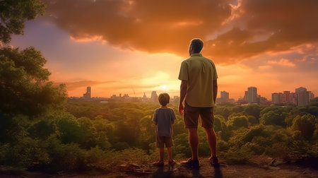 Father and son standing on the edge of a hill and looking at the sunsetの素材