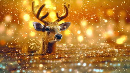 Christmas and New Year holiday background with golden bokeh lights and deerの素材