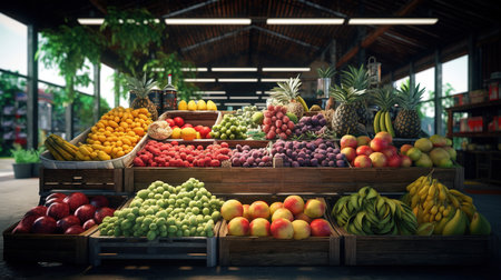 Fruits and vegetables in wooden boxes at the market. 3d renderingの素材