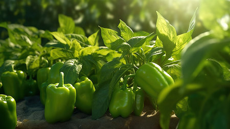 Green bell peppers growing in the garden. Selective focus. nature.の素材