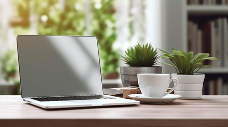 Laptop with blank screen and coffee cup on wooden table in officeの素材
