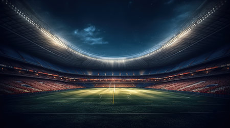 3D render of a large football stadium with bright lights at nightの素材