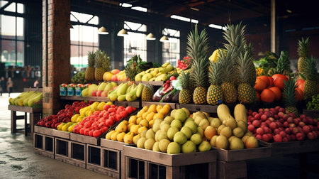 Fruits and vegetables on a market stall in Barcelona, Spain.の素材