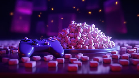 Gamepad with popcorn. 3D rendering. Video games concept.の素材