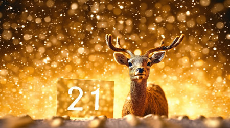 Christmas and New Year holidays background with deer on golden bokehの素材