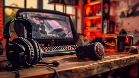 Black headphones on a wooden table in a gaming room. The concept of entertainment.の素材