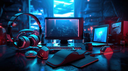 Computer gaming concept. Headphones and mouse on table. 3D Renderingの素材