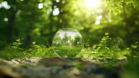 Small glass fishbowl in green forest. 3d render. Nature conceptの素材