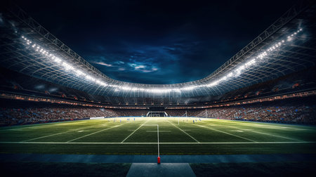 3D render of a large football stadium with bright lights at nightの素材