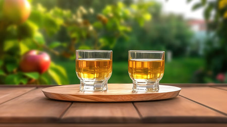 Two glasses of apple juice on wooden table in garden. 3d renderの素材