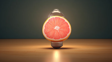 Grapefruit in a light bulb on the table. 3d illustrationの素材
