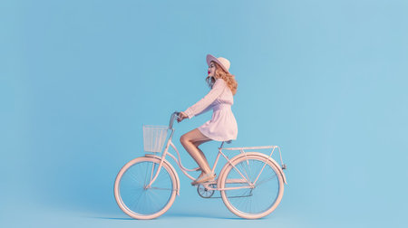 Beautiful woman in hat and dress riding bicycle on blue background.の素材
